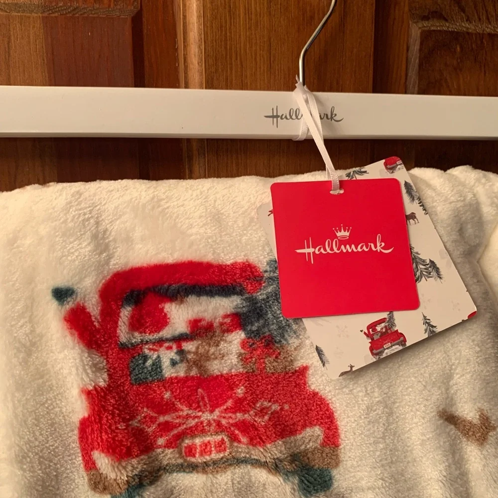 Hallmark, NEW WITH TAGS plush CHRISTMAS throw blanket, has RED Christmas truck.